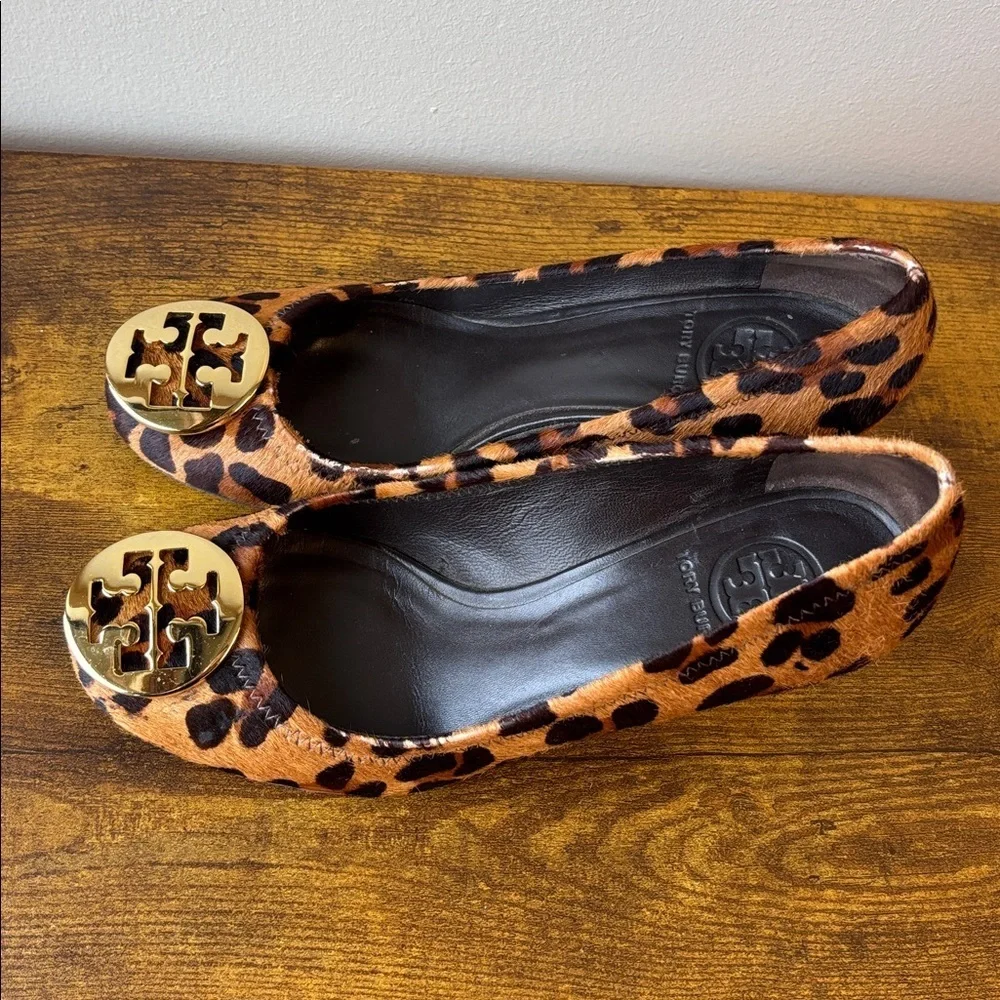 Tory Burch Animal Print wedges with Gold Emblem